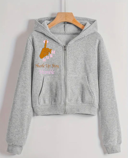 Hush- Gray Zip-Up Crop Hoodie Pink Letters